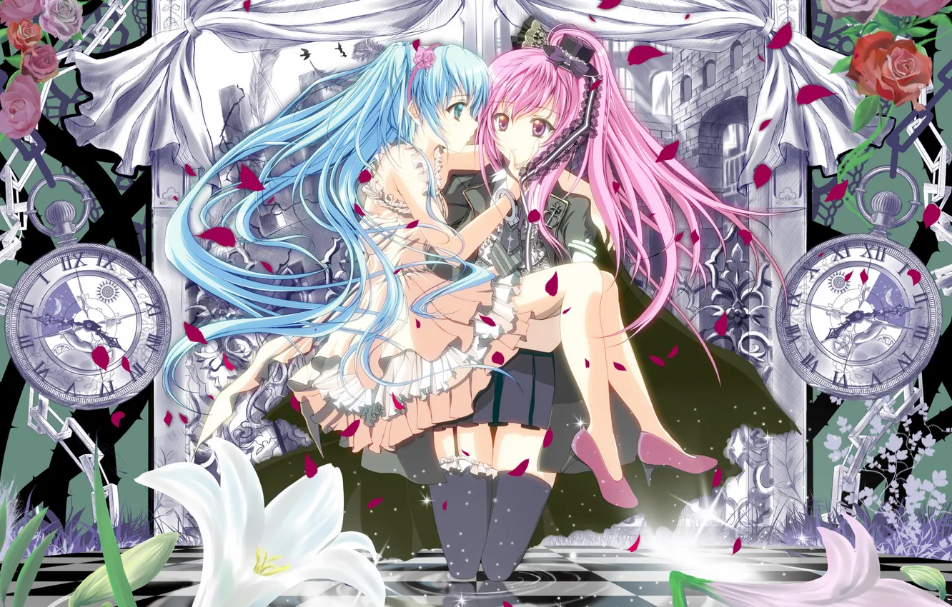 Photo wallpaper flowers, time, two, watch, petals, girl