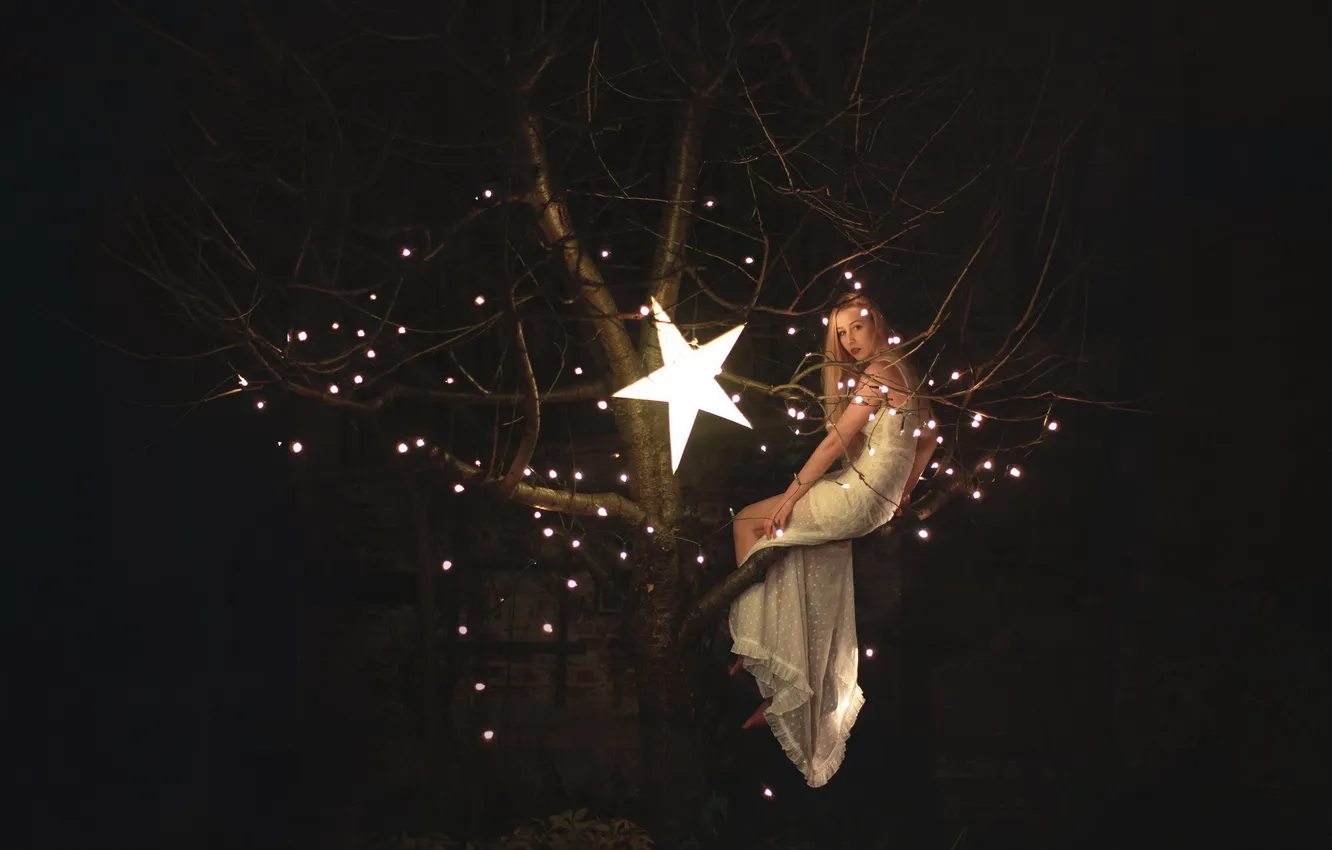 Photo wallpaper girl, stars, trees