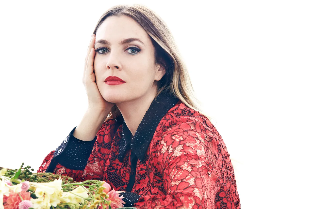 Photo wallpaper flowers, makeup, dress, actress, hairstyle, blonde, photographer, white background