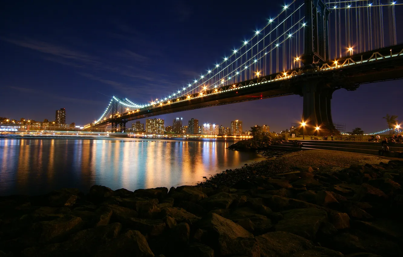 Photo wallpaper Bridge, Night, Manhattan