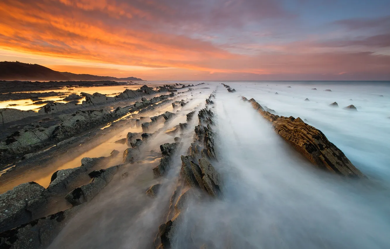 Photo wallpaper beach, the sky, stones, the ocean, rocks, dawn, horizon