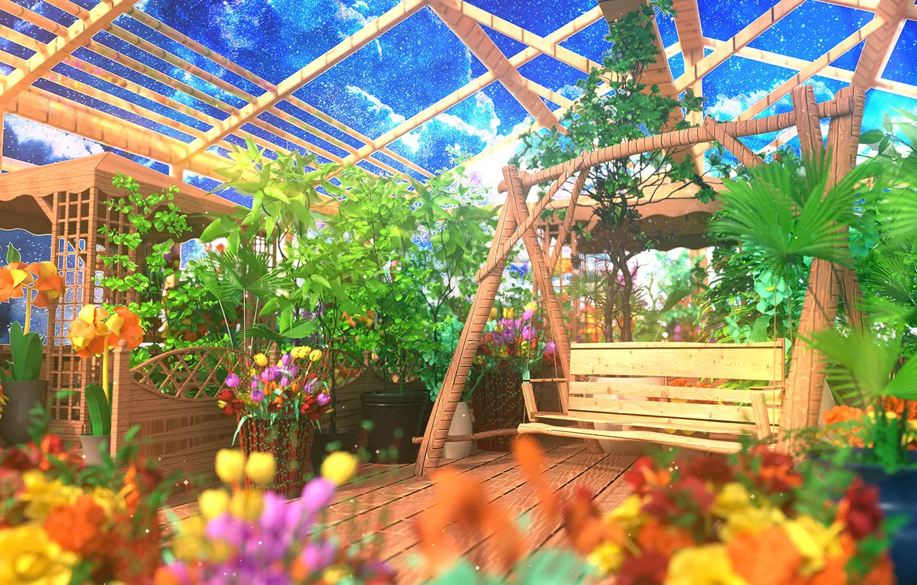 Photo wallpaper the sky, space, flowers, swing, greenhouse, by K&P