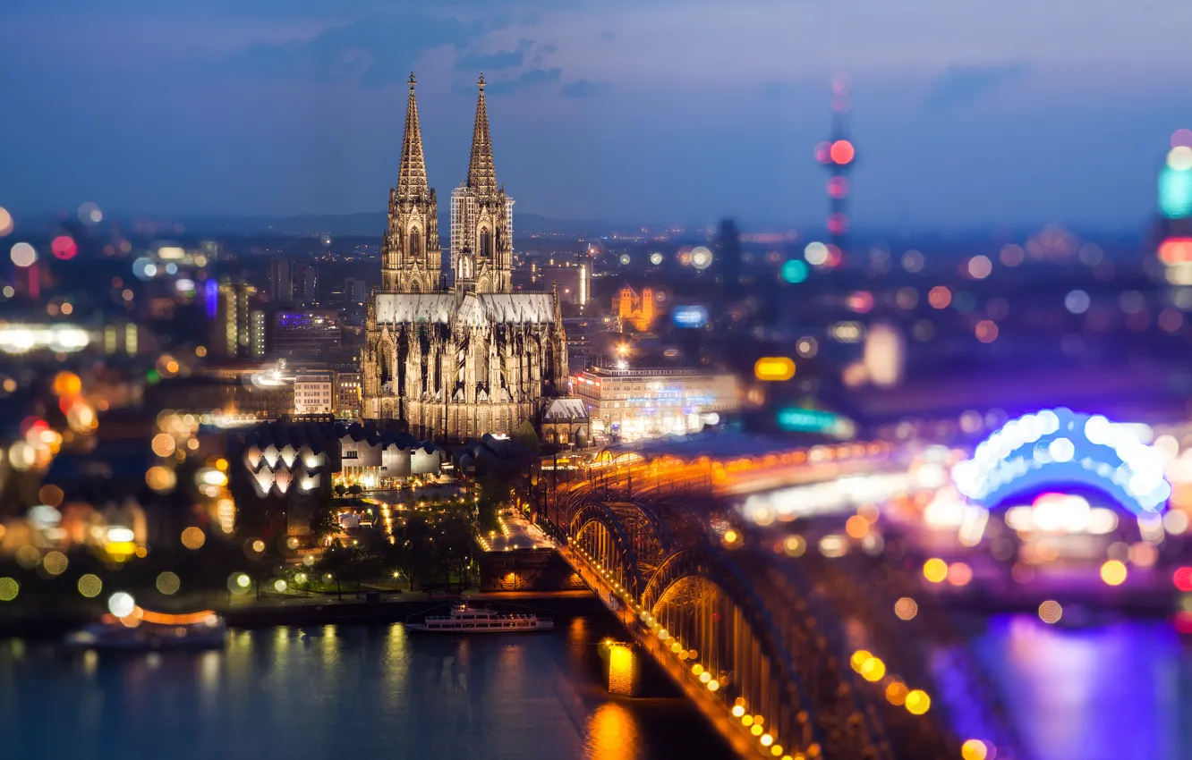 Photo wallpaper bridge, the city, lights, river, the evening, Germany, Church, Germany