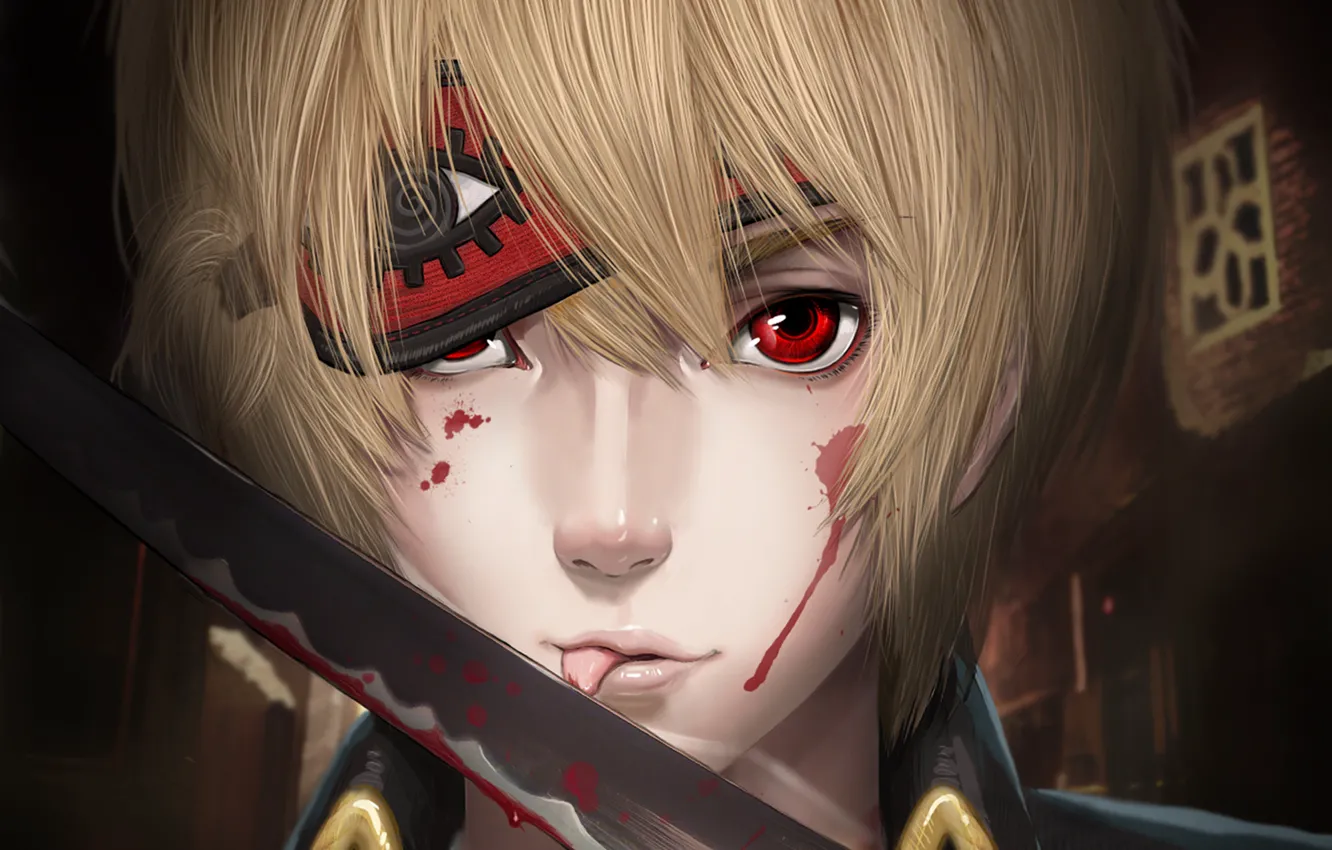 Photo wallpaper drops, blood, sword, headband, guy, red eyes, Gintama, Okita Sougo