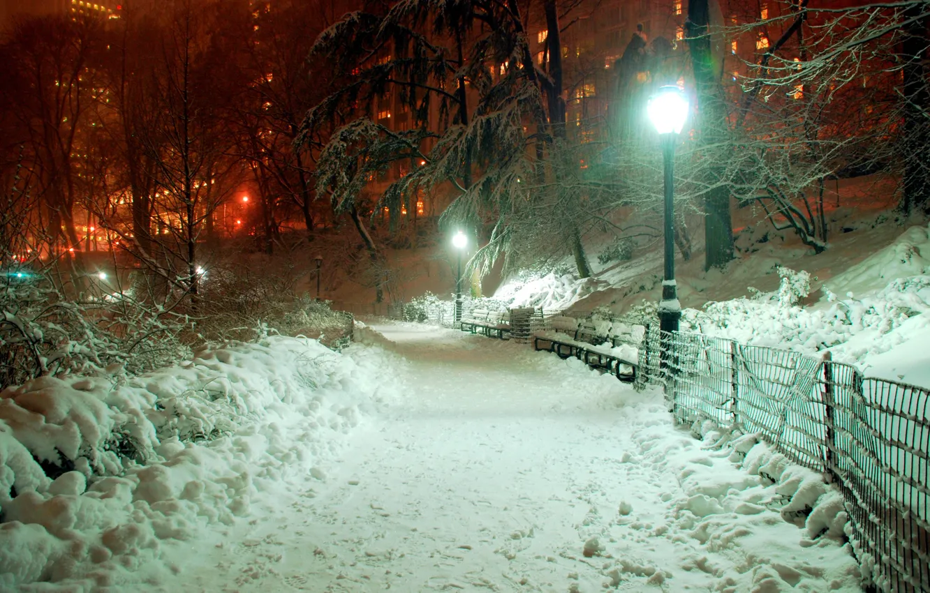 Photo wallpaper light, snow, trees, the city, Park, the fence, building, the evening