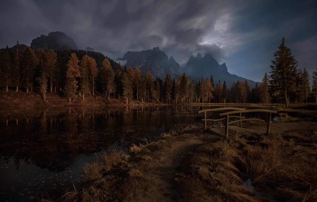 Photo wallpaper forest, mountains, river, Alps, Italy, twilight, the bridge
