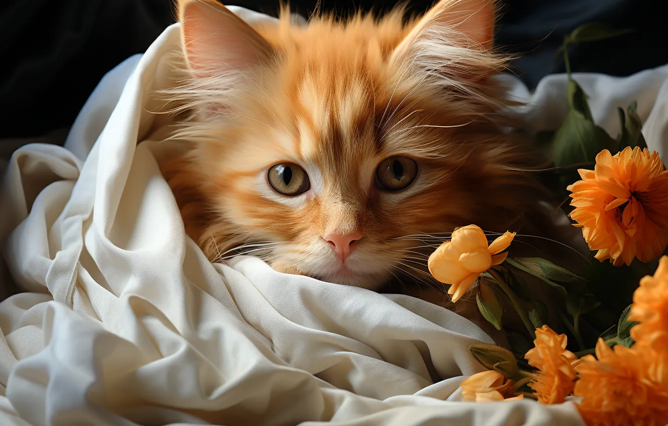 Photo wallpaper cat, look, light, flowers, pose, the dark background, kitty, portrait