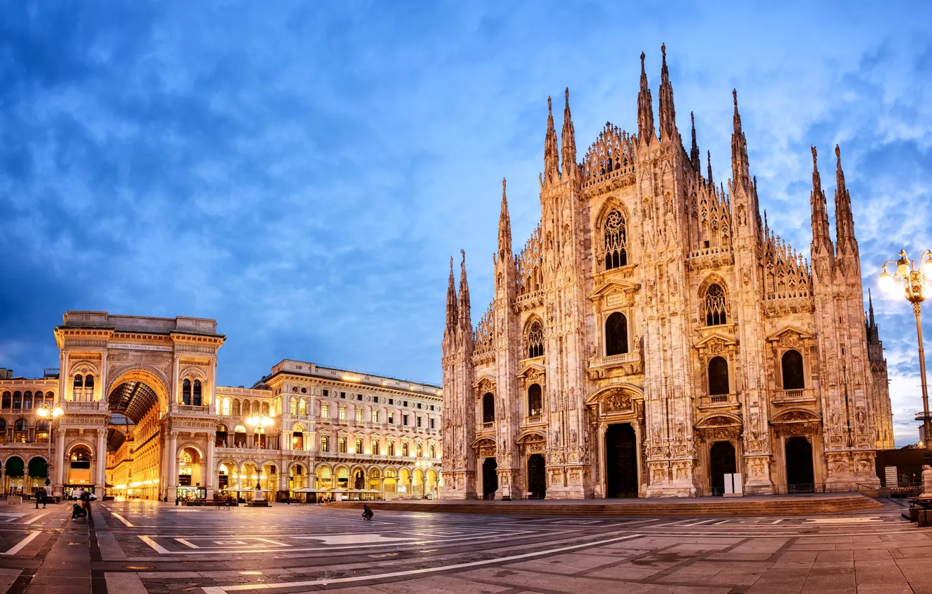 Photo wallpaper lights, the evening, area, lights, Italy, Cathedral, architecture, Milan Cathedral