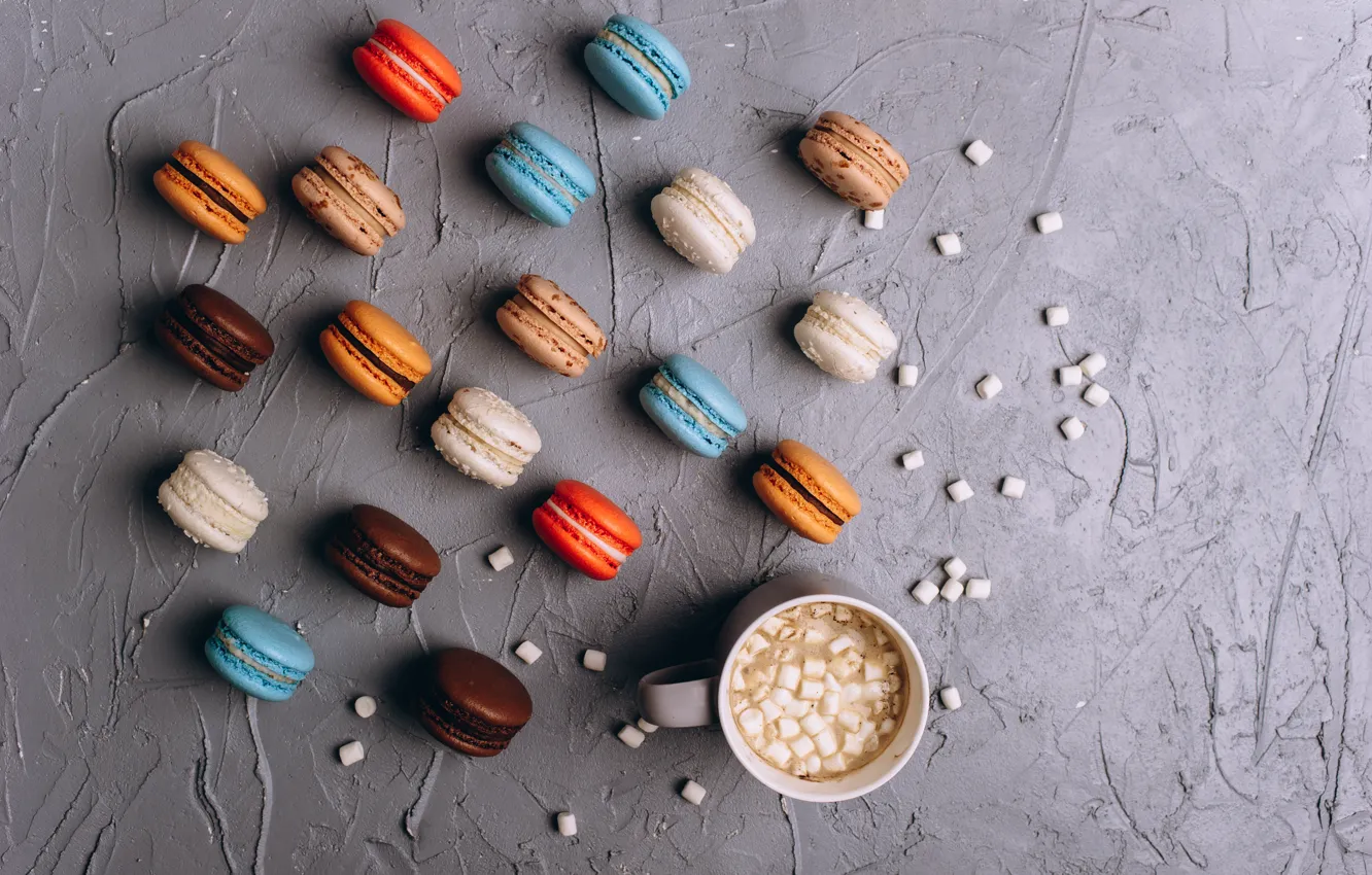 Photo wallpaper colorful, Cup, cup, sweet, cocoa, dessert, macaroon, macaron