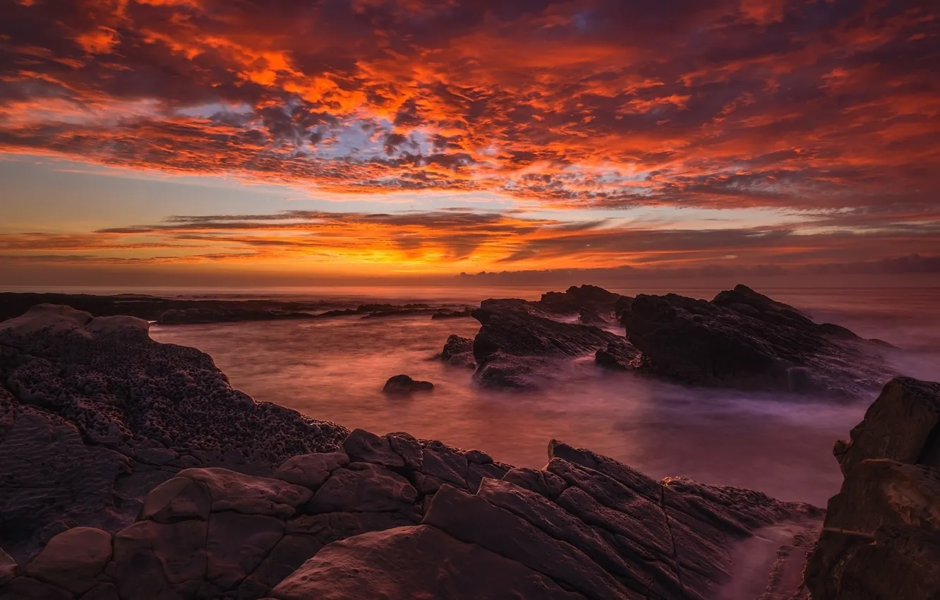 Photo wallpaper sea, clouds, landscape, sunset, stones, rocks, shore, coast