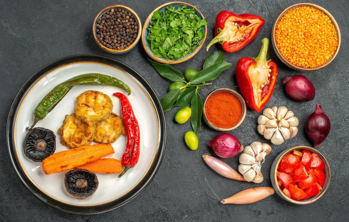 Photo wallpaper greens, leaves, mushrooms, food, bow, plate, lime, pepper