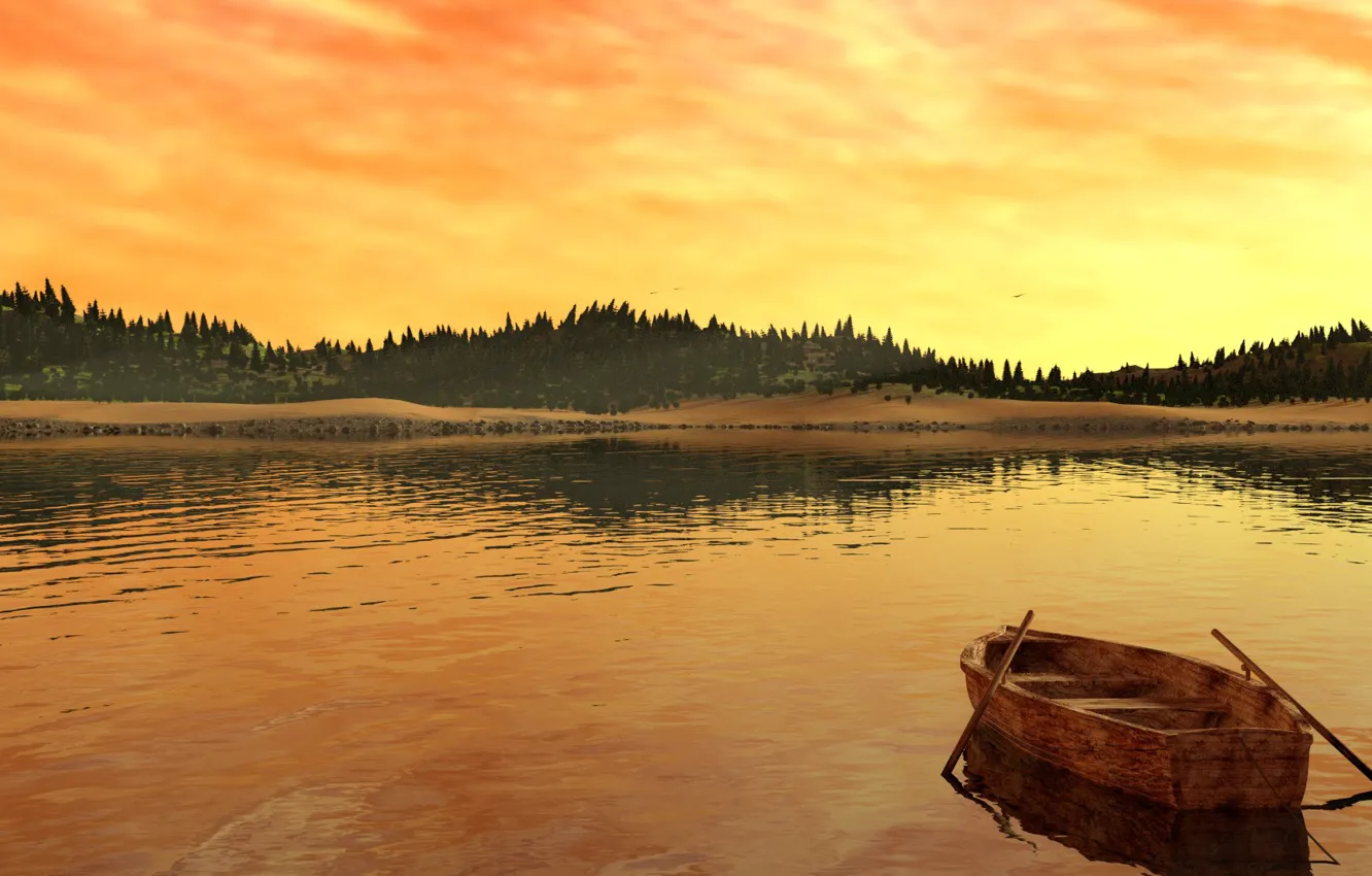 Photo wallpaper trees, landscape, lake, river, shore, boat, dawn