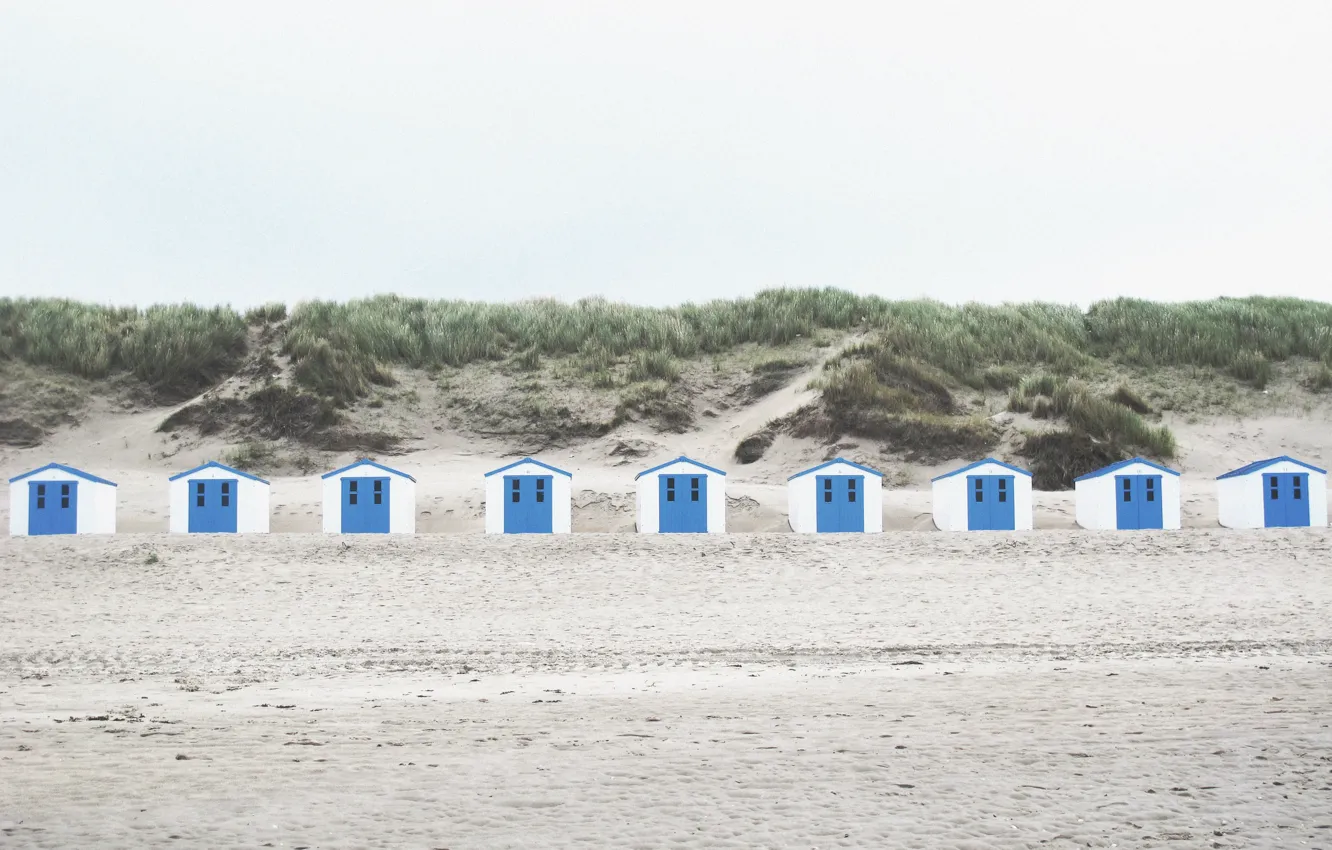 Photo wallpaper sand, beach, shore, houses, Netherlands, beach house