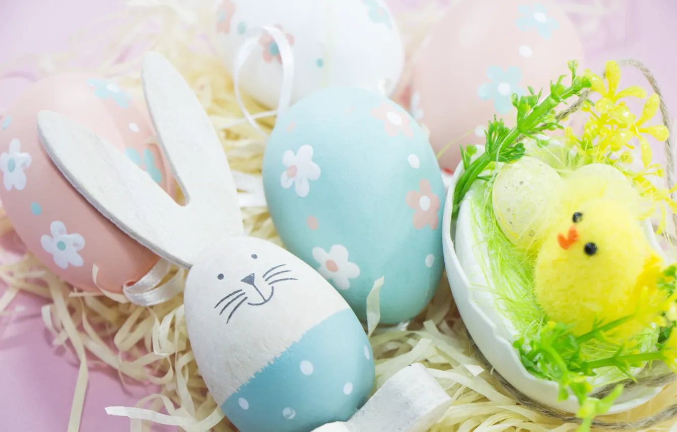 Photo wallpaper eggs, rabbit, Easter, hay, Holiday
