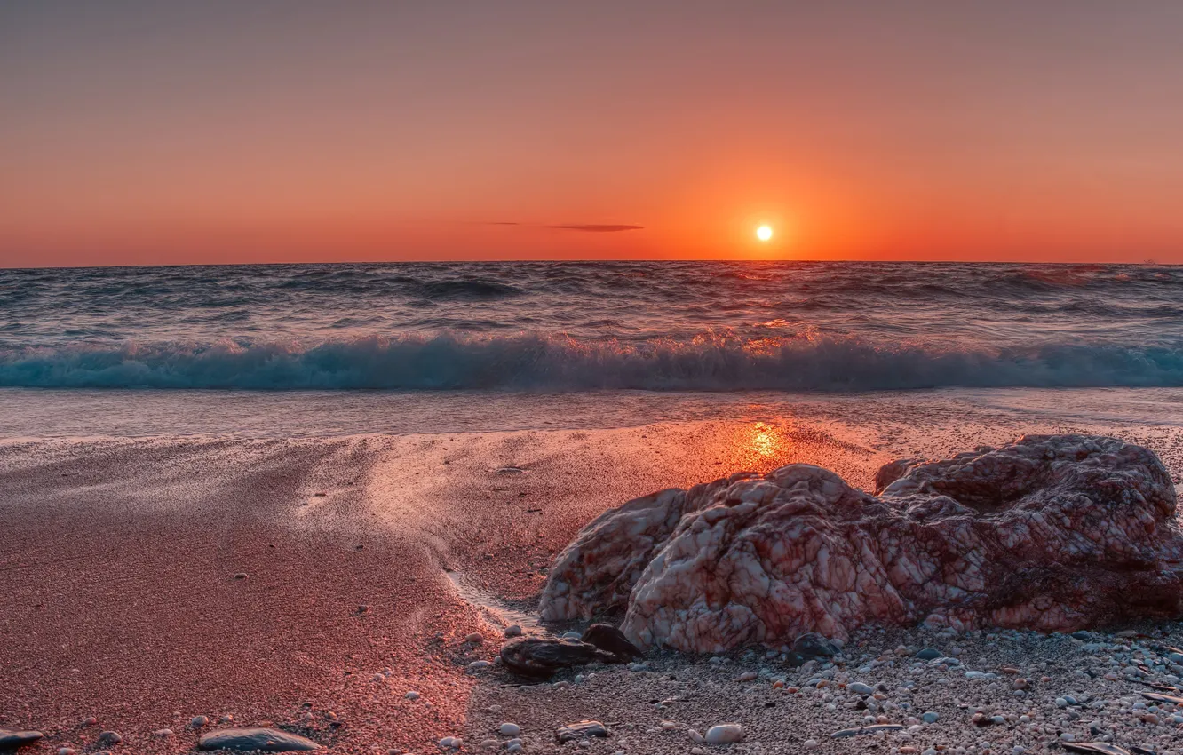 Photo wallpaper wave, the sun, sunset, shore, stones, boulder, the bright sun
