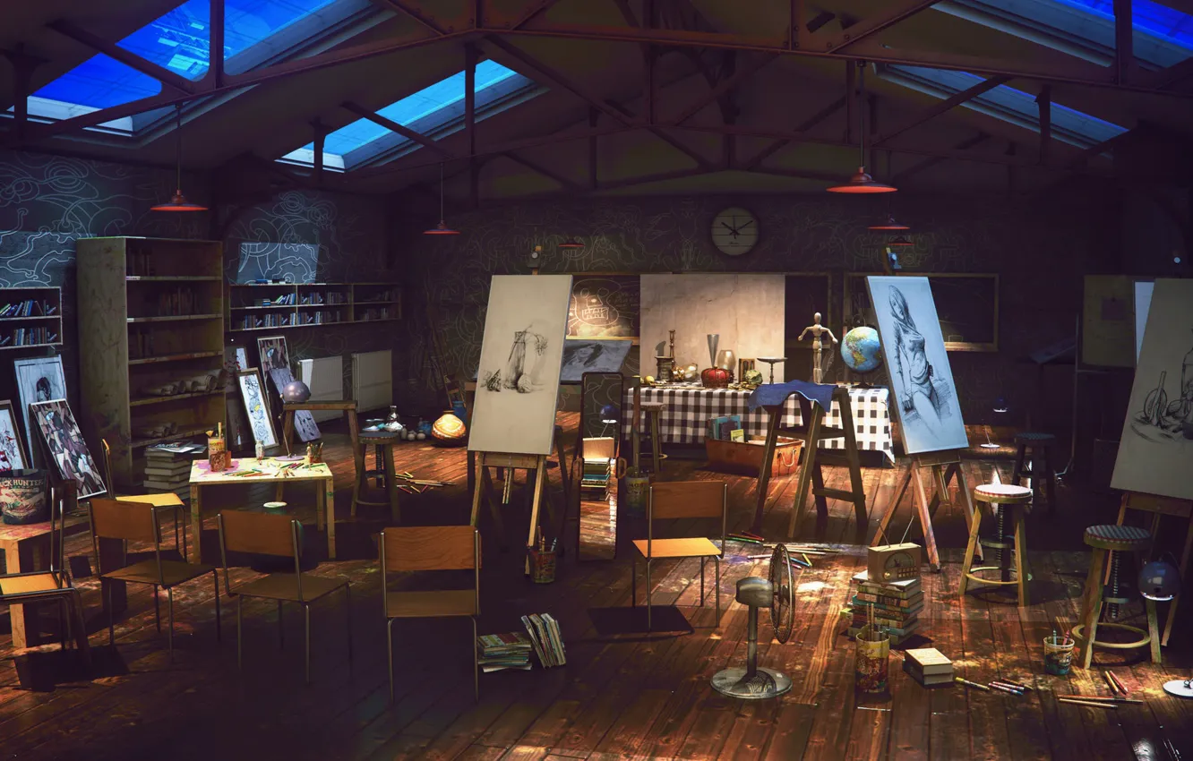 Photo wallpaper workshop, Studio, Art Class Night, final render
