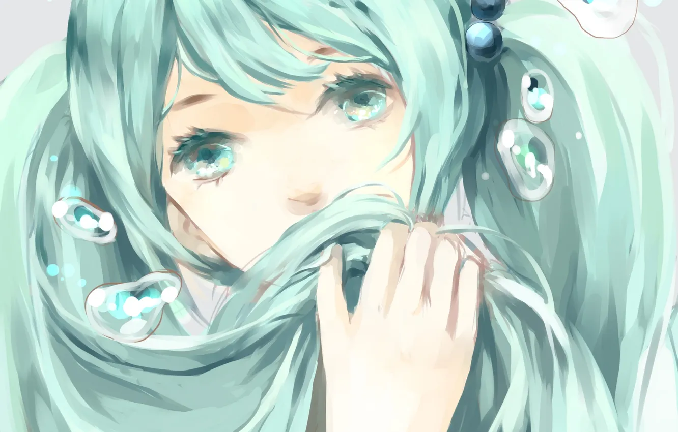 Photo wallpaper eyes, girl, bubbles, hair, art, vocaloid, hatsune miku, Vocaloid