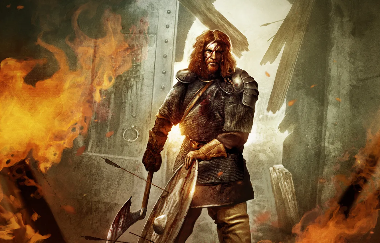 Photo wallpaper fire, warrior, art, male, axe, shield