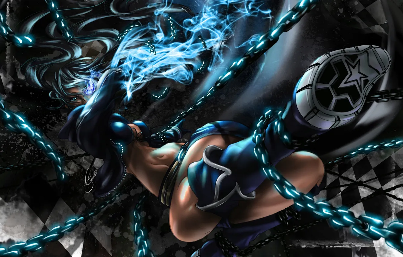 Photo wallpaper girl, flame, chain, black rock shooter, catch the worm