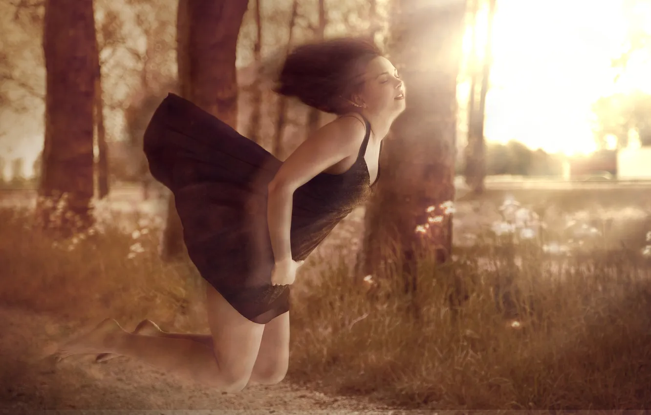 Photo wallpaper girl, trees, flight, dress