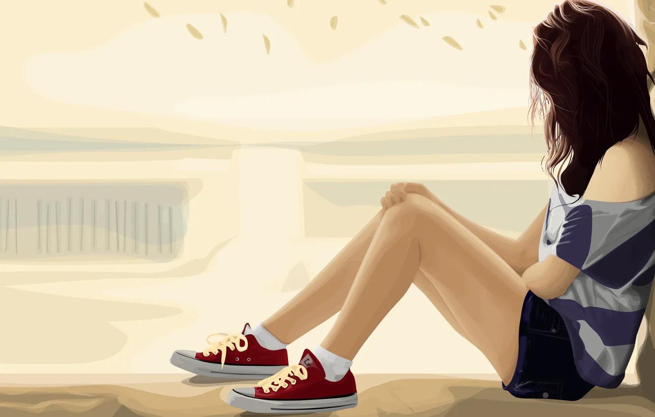 Photo wallpaper sadness, girl, pose, mood, hair, shorts, vector, hands