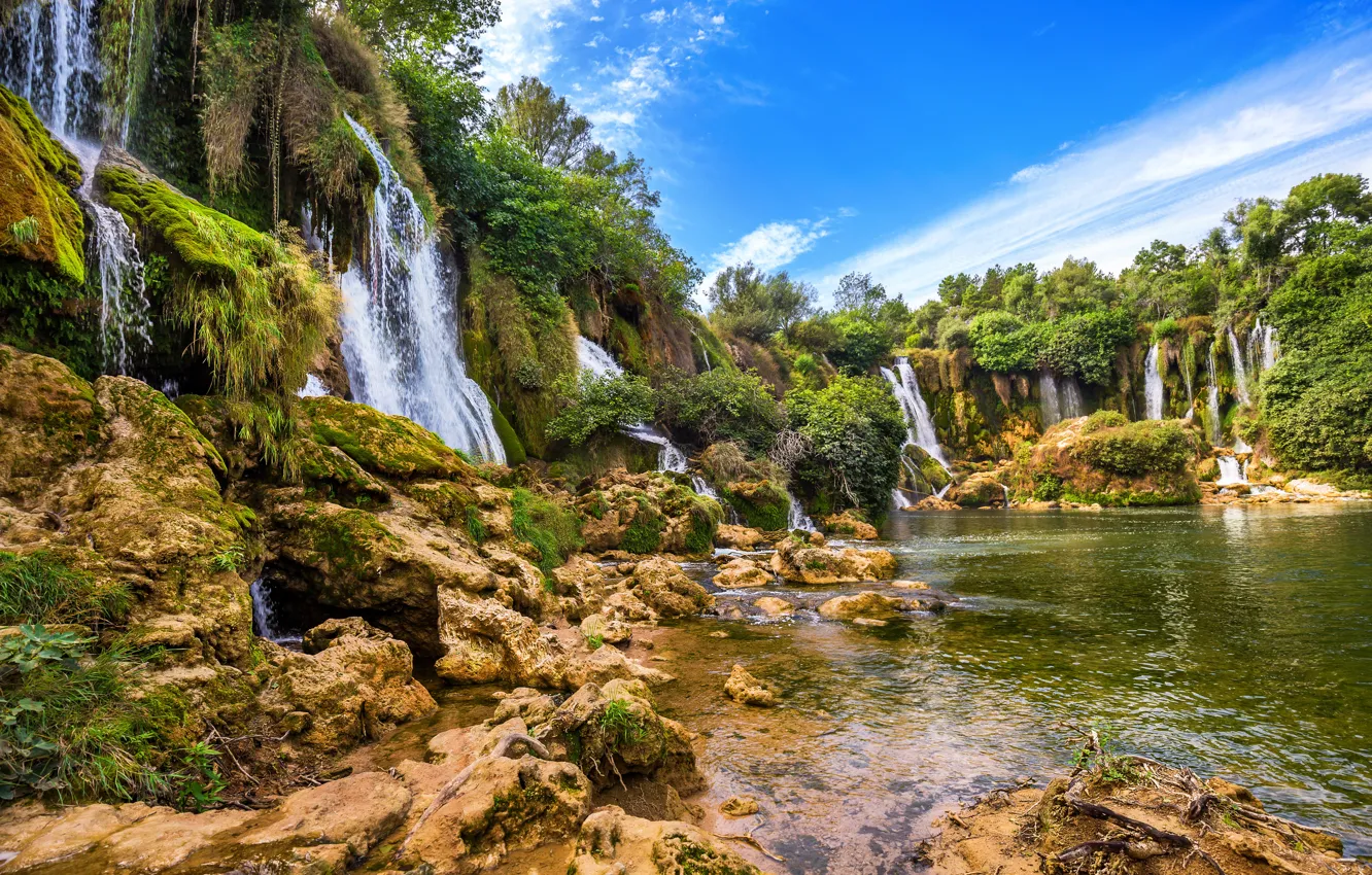 Photo wallpaper trees, rock, stones, waterfall, waterfall, Bosnia, Bosnia, Herzegovina