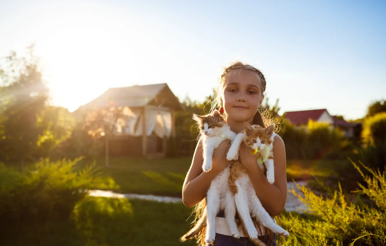 Photo wallpaper village, girl, kitty