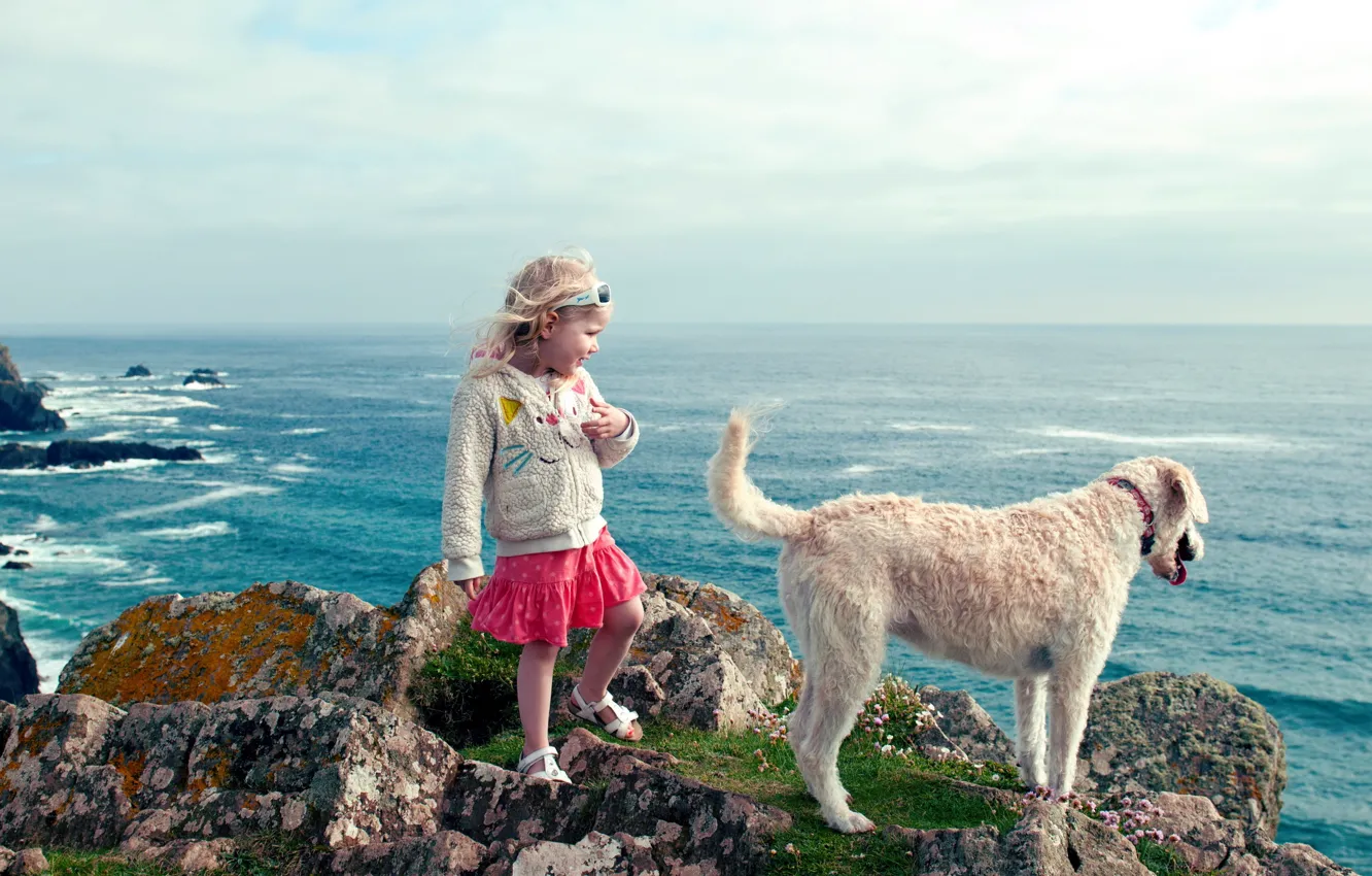 Photo wallpaper sea, landscape, dog, girl