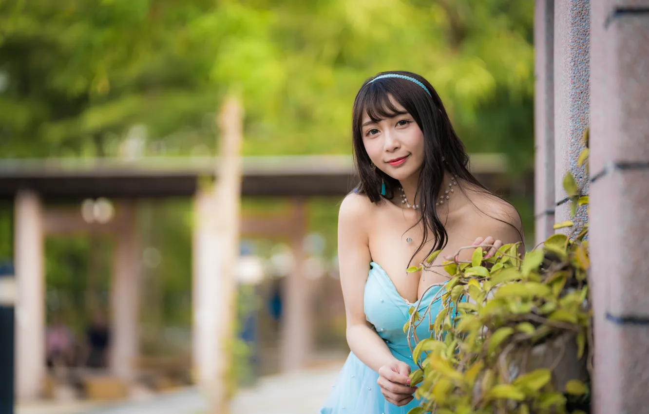 Photo wallpaper look, girl, dress, brunette, neckline, Asian