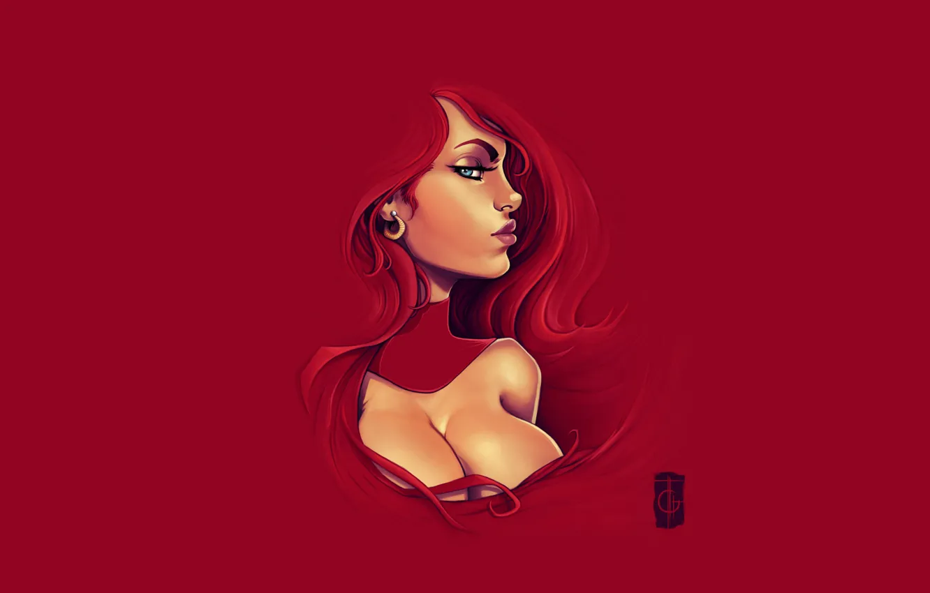 Photo wallpaper girl, red, face, style, background, color, minimalism, neckline