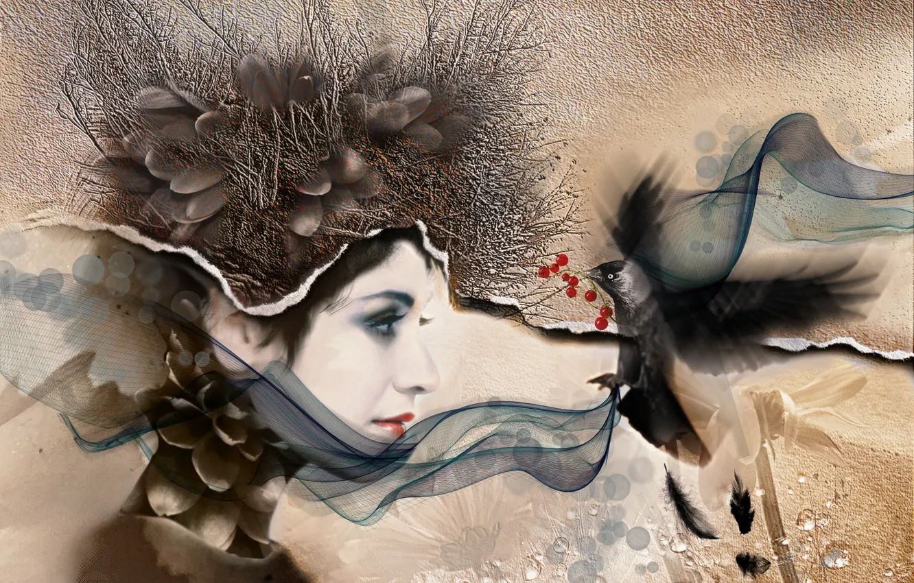 Photo wallpaper girl, style, bird, texture