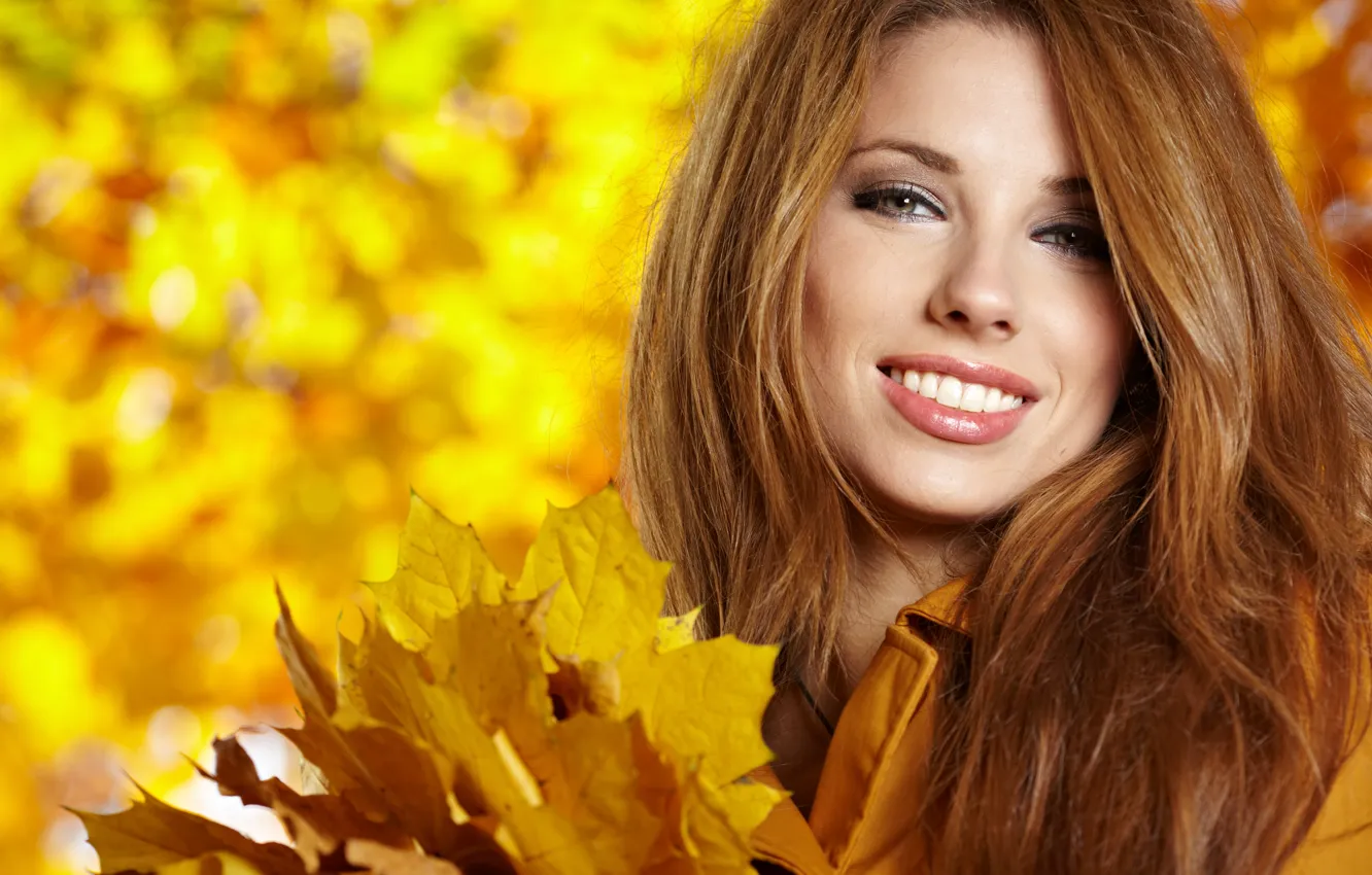 Photo wallpaper autumn, look, leaves, girl, smile, brown hair