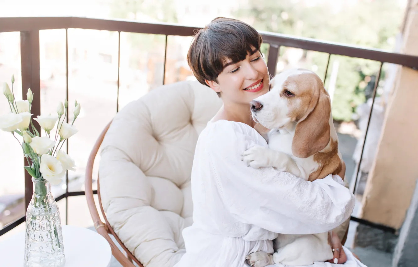 Photo wallpaper look, girl, light, flowers, pose, smile, mood, woman