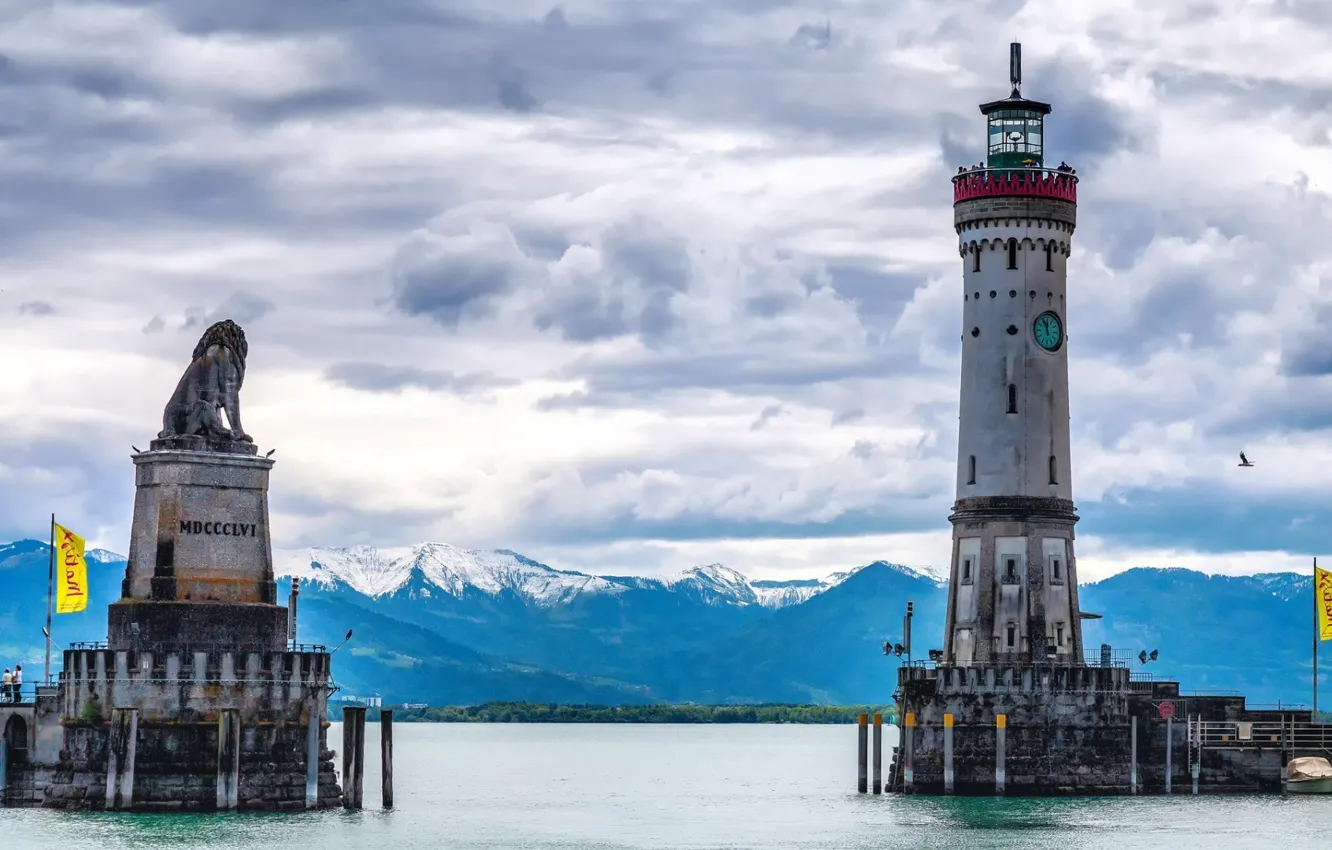 Photo wallpaper landscape, nature, Germany, water, mountains, snow, flag, Bavaria