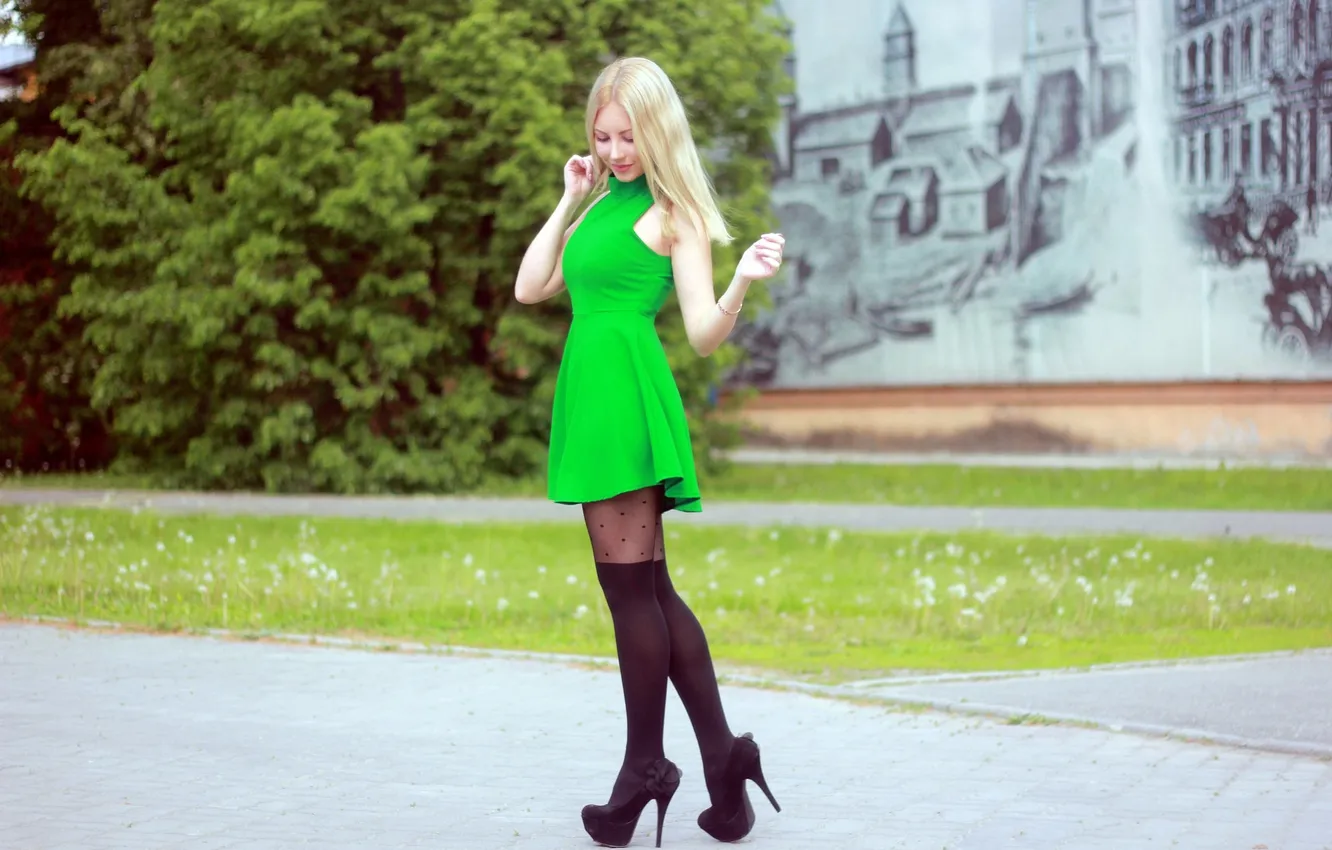 Photo wallpaper girl, woman, stockings, beautiful, model, blonde, high heels, slim