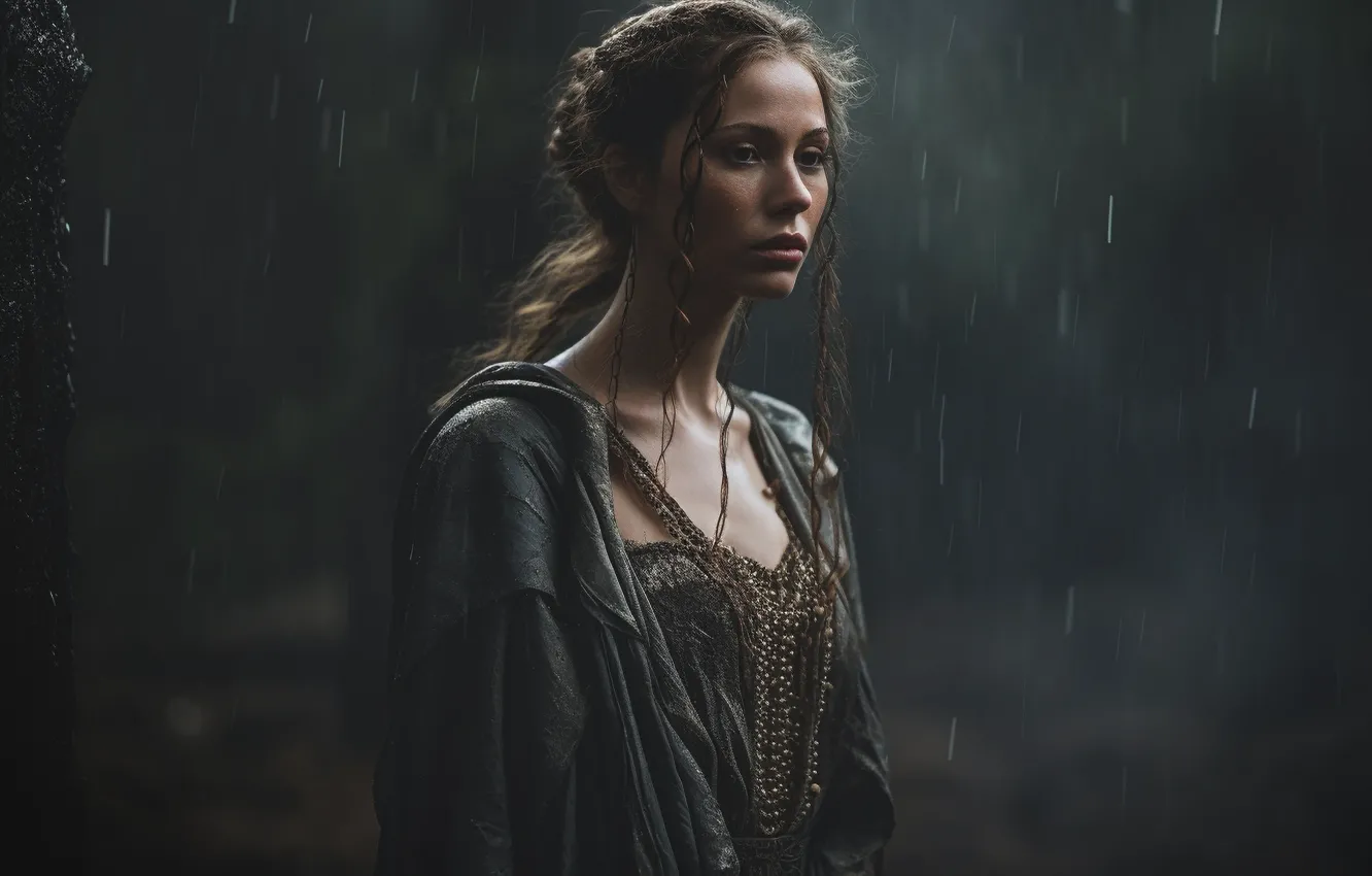 Photo wallpaper sadness, look, girl, drops, decoration, nature, pose, grey