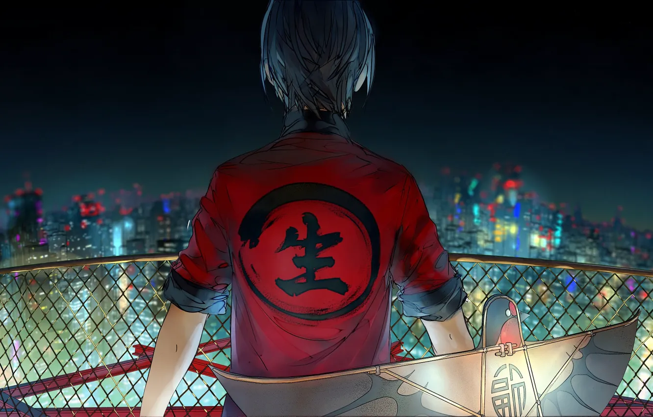 Photo wallpaper night, the city, lights, back, art, guy, manga, knite