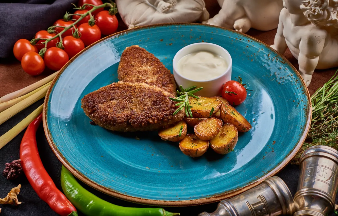 Photo wallpaper tomatoes, sauce, Patty, Chile, potatoes