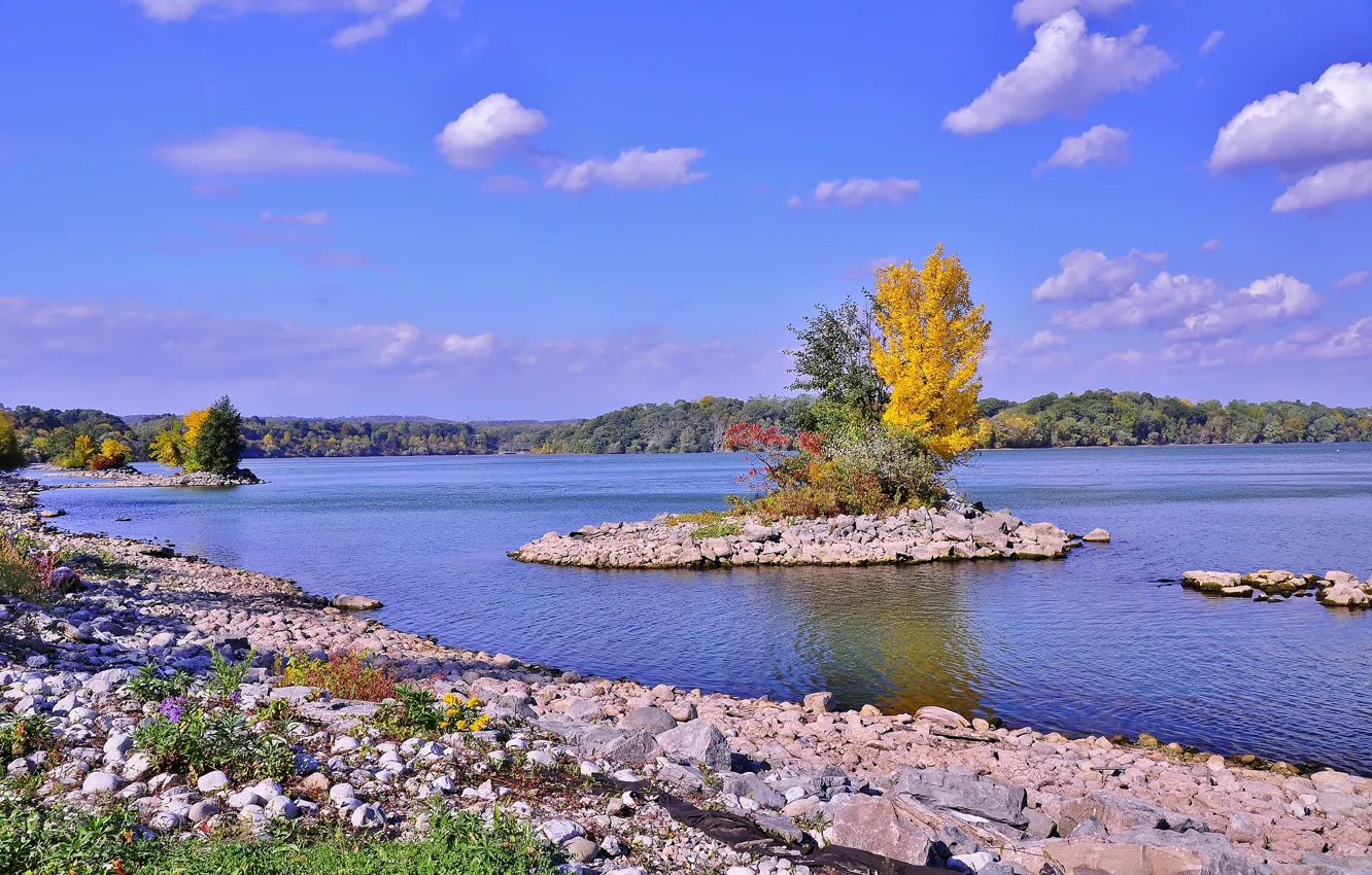 Photo wallpaper autumn, the sky, clouds, trees, lake, island