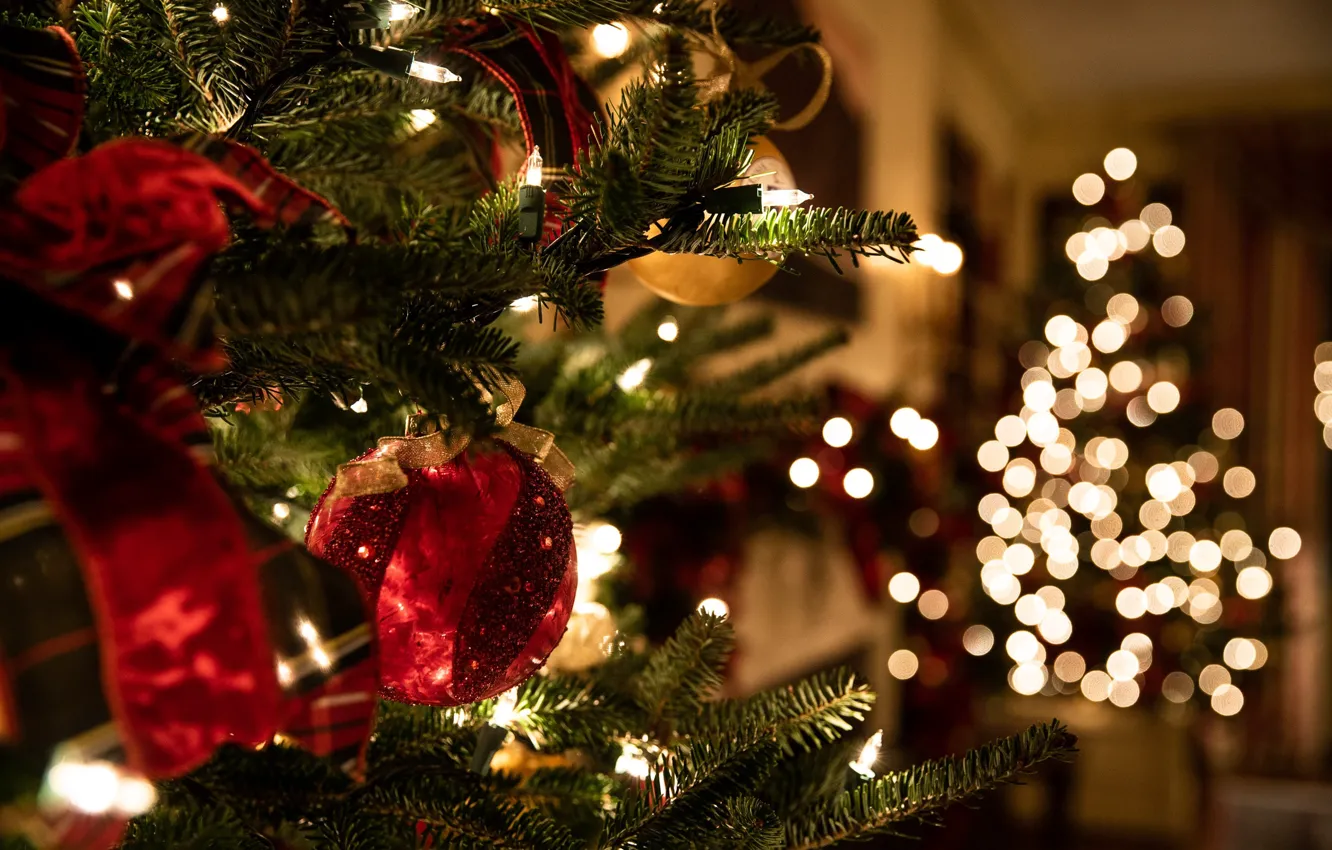 Photo wallpaper winter, balls, branches, holiday, balls, toy, tree, new year