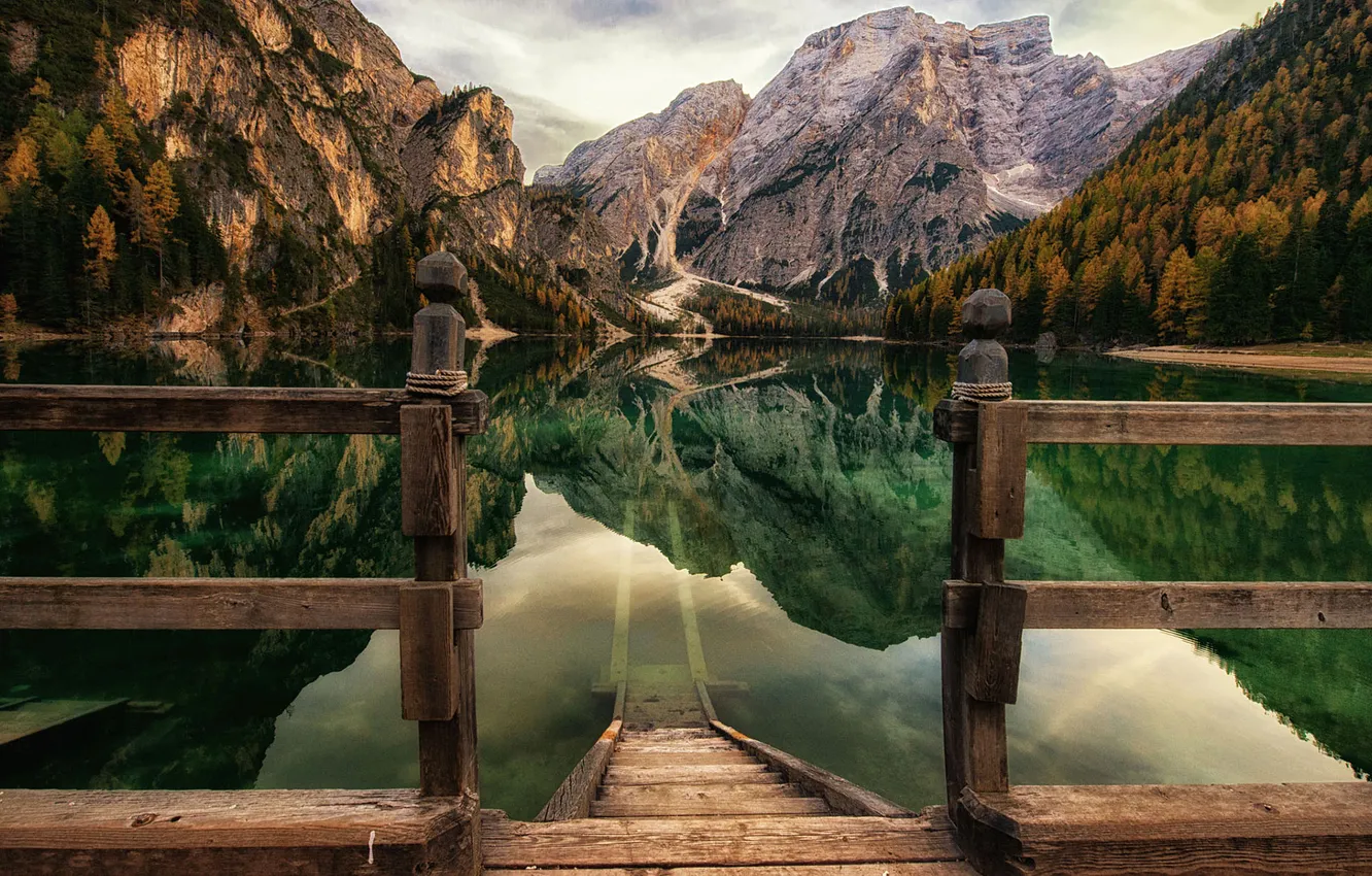 Photo wallpaper autumn, forest, landscape, mountains, lake, reflection, ladder, railings
