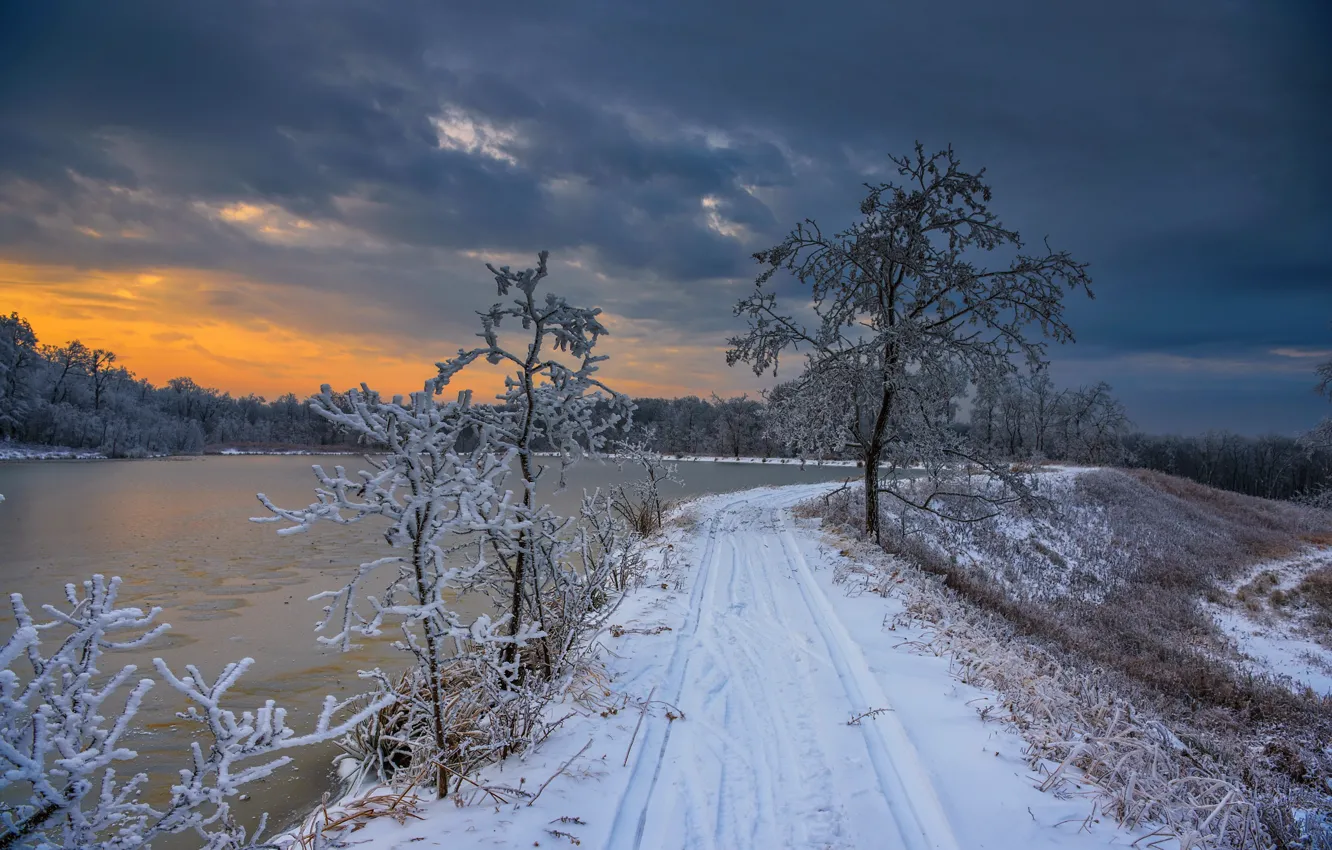 Photo wallpaper winter, road, sunset, river