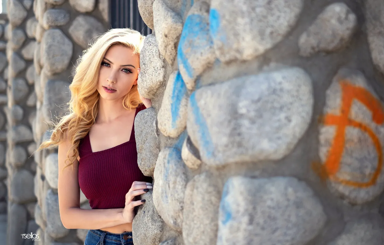 Photo wallpaper girl, wall, long hair, photo, photographer, blue eyes, model, lips, jeans, face, stones, blonde, belly, …