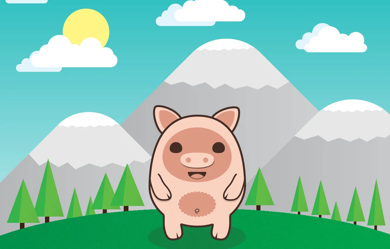 Photo wallpaper forest, the sky, clouds, snow, trees, mountains, pig