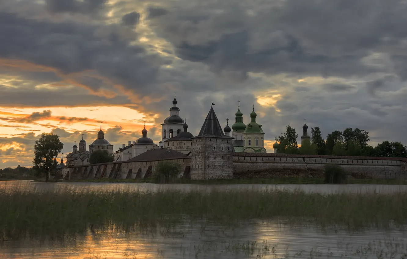 Photo wallpaper lake, the evening, the monastery, Vologda oblast, Kirillov