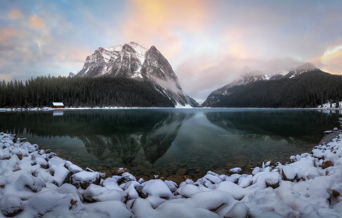 Photo wallpaper winter, snow, mountains, lake, stones, rocks, house