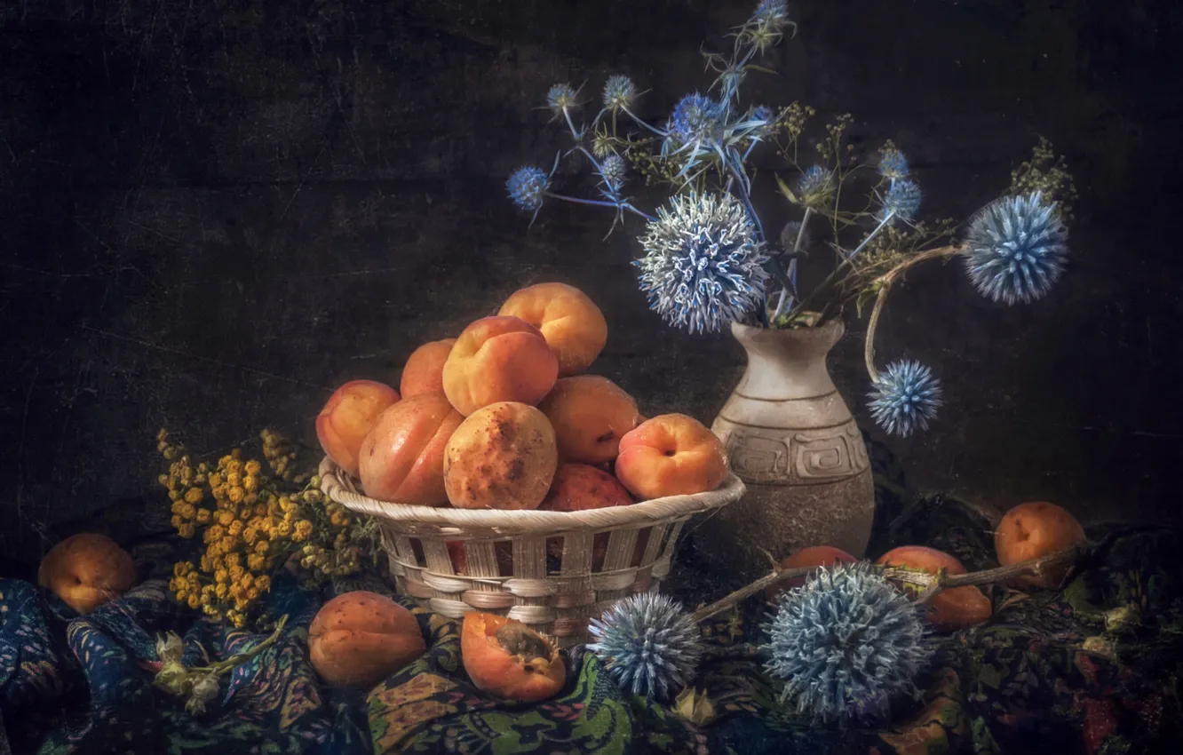 Photo wallpaper fruit, shawl, apricots, Echinops