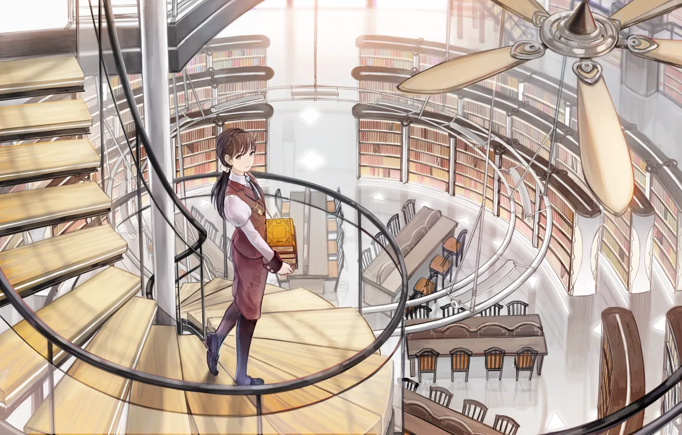 Photo wallpaper girl, books, fan, art, ladder, library, shimetta oshime, screw