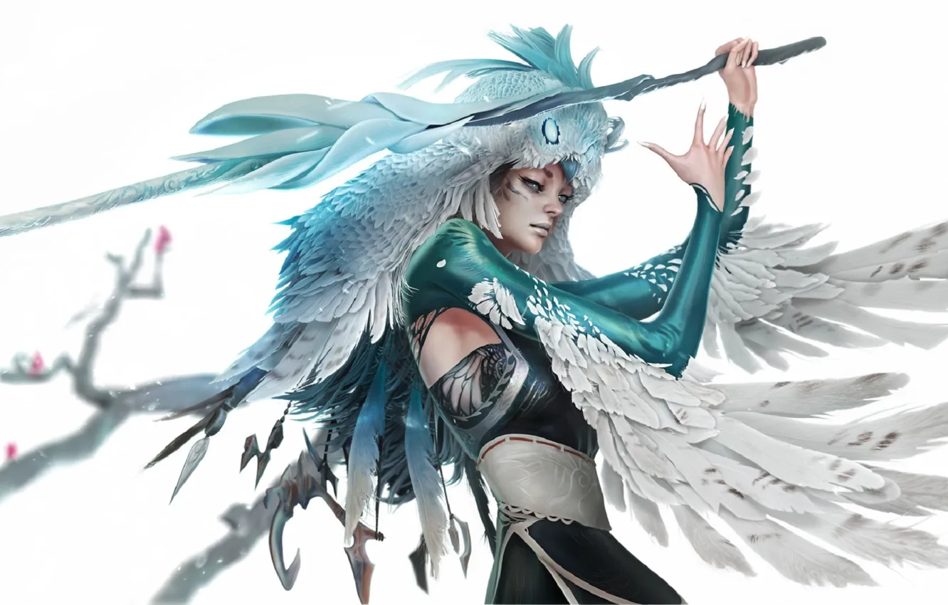 Photo wallpaper owl, wings, feathers, staff, rod, the witch, art, rite