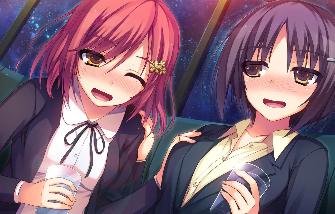 Photo wallpaper girl, joy, drink, the conversation, art, alcohol, embarrassment, reminiscence re